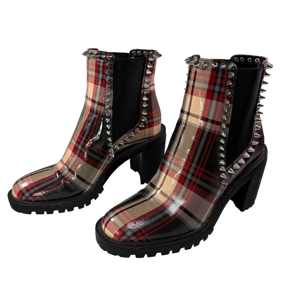 Jessica Simpson DEMMIE Plaid Studded Chelsea Booties Women 8M Spike Lug Sole